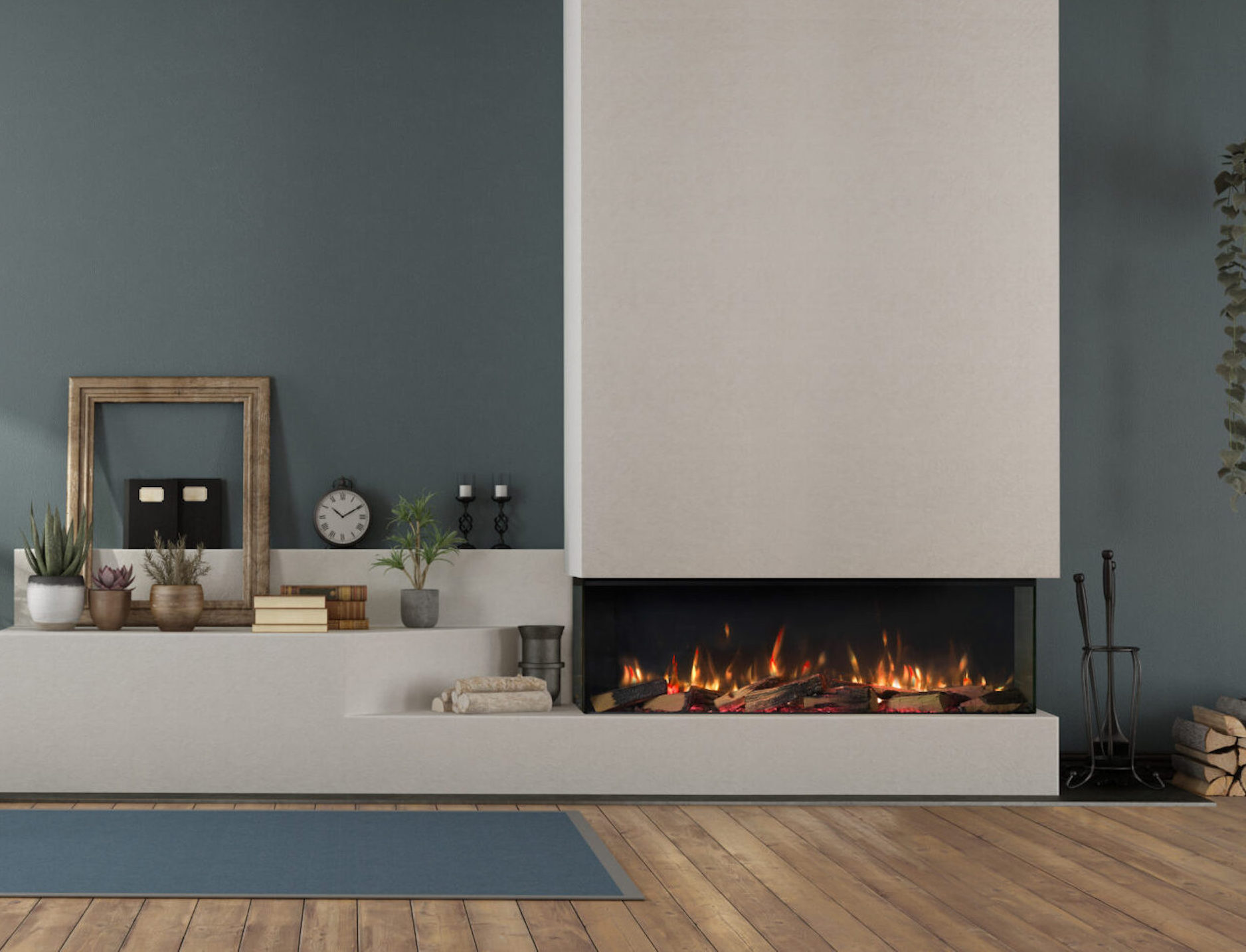 Blue modern living room with fireplace